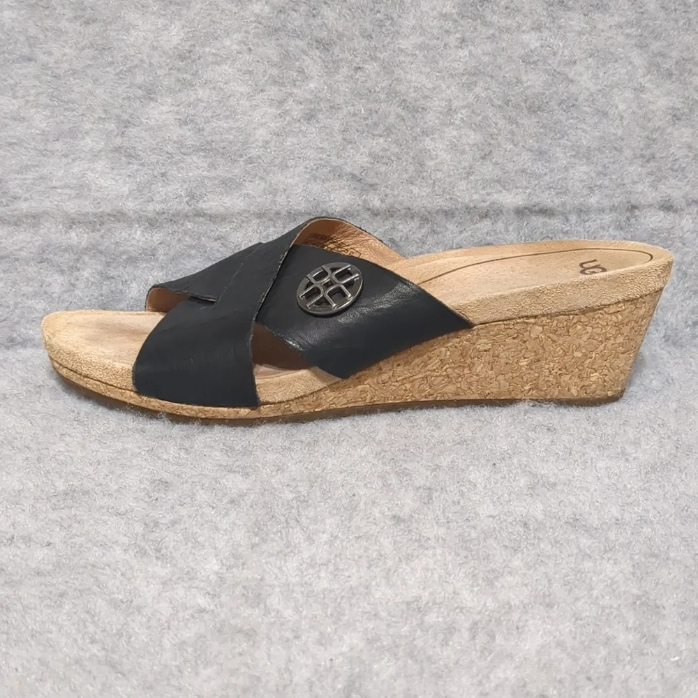 UGG Lyra Cross Cork Wedge Black Leather Sandals Size 8 - Picture 3 of 11